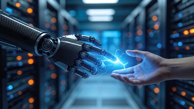 Human and Robotic Hands Connecting with Electric Spark in Datacenter