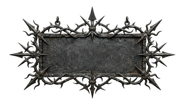 Gothic wrought iron sign frame with sharp spikes isolated on transparent background