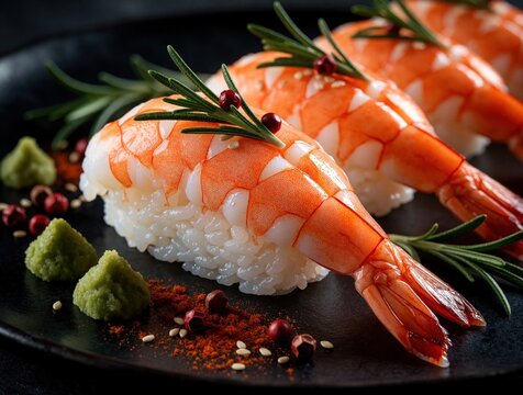 Shrimp nigiri sushi with wasabi and rosemary on dark plate. Delicious Japanese seafood appetizer, close up. Gourmet ebi sushi presentation for restaurant menu or food blog.