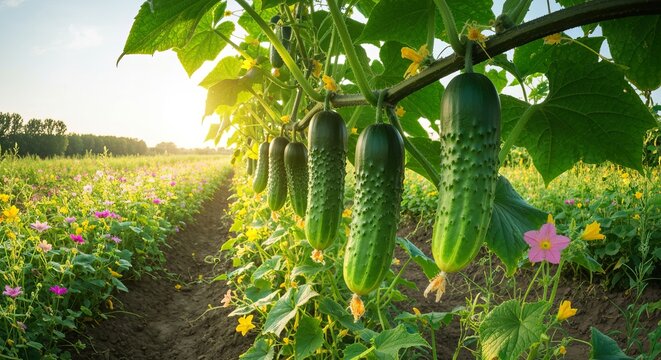 Fresh organic cucumbers hanging on a vine growing in a flourishing flower garden during summer day