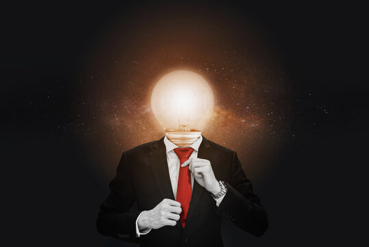 Imagination, innovative, ideas business concepts. Businessman with bright light bulb head with stars