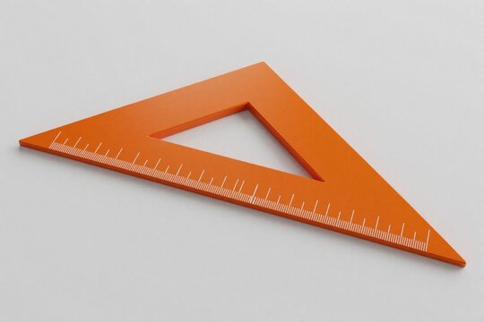 Orange 3D triangular ruler with measurement markings on light grey background. Geometry set square tool for math, engineering, drafting. Precision instrument used in school, architecture, technical