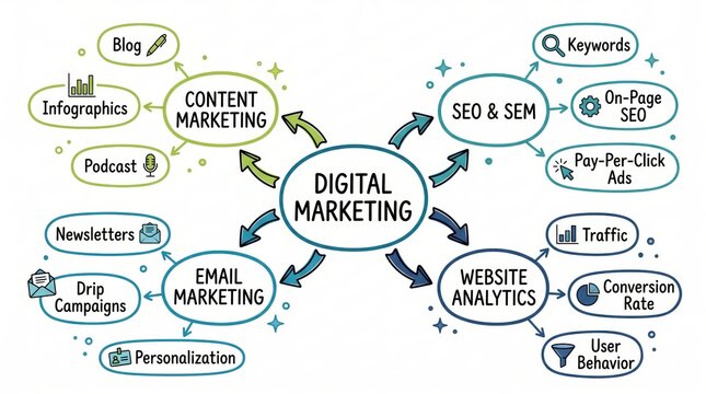 Digital Marketing Mind Map Infographic Diagram with SEO, Content, and Social Media Icons