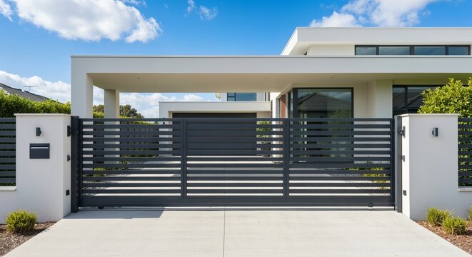Modern Suburban House Exterior Featured With Minimalist Grey Design Fence and Double Slider Gate
