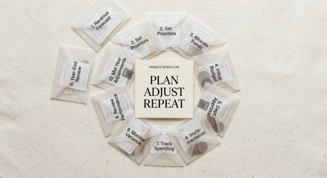 Financial workflow visualized with transparent envelopes and coins, planning adjust repeat