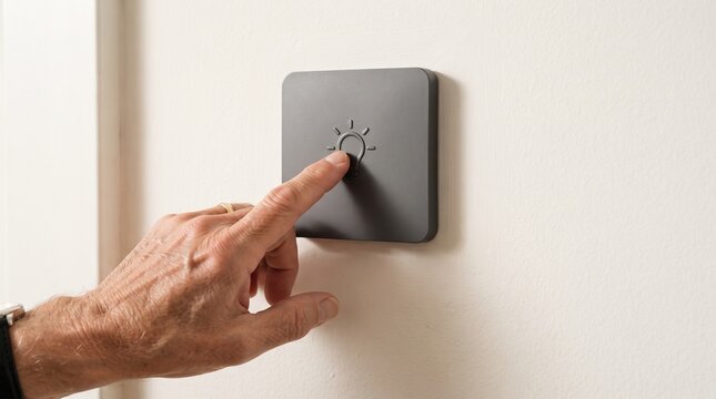 Modern smart light switch on white wall, hand pressing black dimmer button, minimalist home automation control for lighting