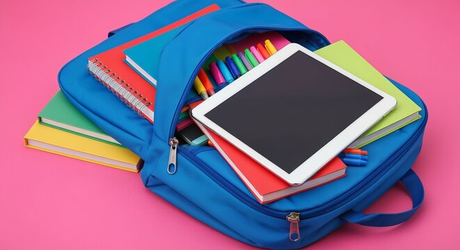Open blue backpack filled with textbooks tablet computer stationery supplies for school education