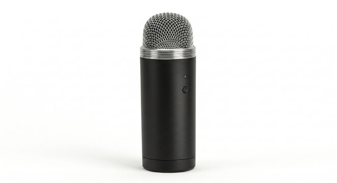 Modern Microphone on White Background. Bluetooth Speaker and Audio Recording Device. Metallic Grille and Black Body. Minimalist Audio Equipment for Podcasting and Voice Over