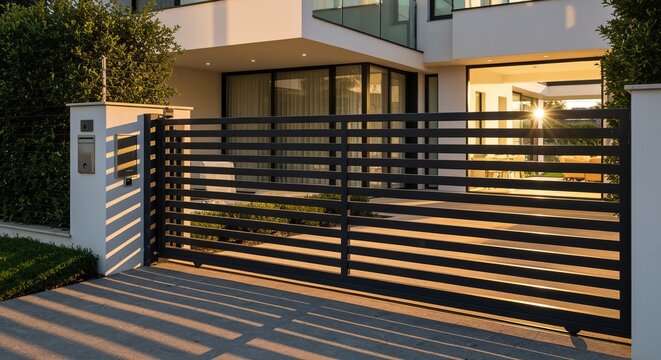 Modern Horizontal Slatted Metal Sliding Gate Protecting Elegant Contemporary Residential Home Area