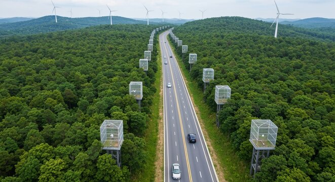 Aerial view of a scenic highway passing through dense green forest with ventilation tower units.
