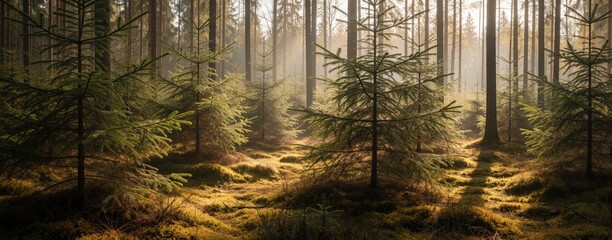 Obraz premium Young conifer trees grow in a misty forest with soft sunbeams illuminating mossy ground. Early spring awakening shows new life and natural renewal in woodland setting.
