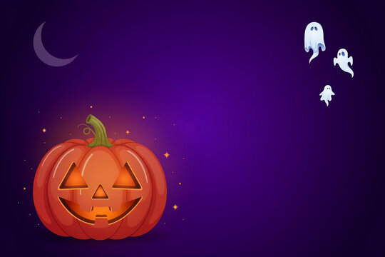Spooky Halloween illustration with glowing carved jack o lantern on purple background, cute white ghosts and crescent moon, festive banner for social media
