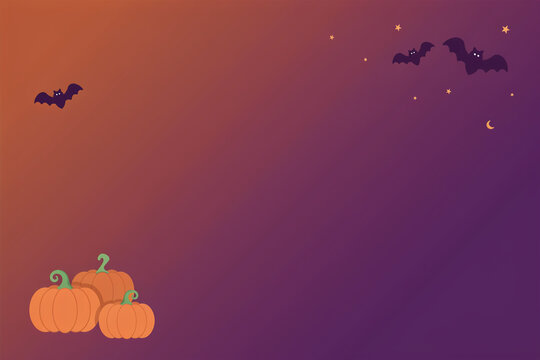 Minimal Halloween background with orange pumpkins, flying bat silhouettes and subtle sparkles on purple gradient, festive seasonal banner for web design