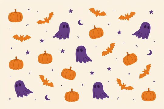 Cute Halloween seamless pattern with purple ghosts, orange pumpkins, flying bats, stars and crescent moons on white background for wrapping paper