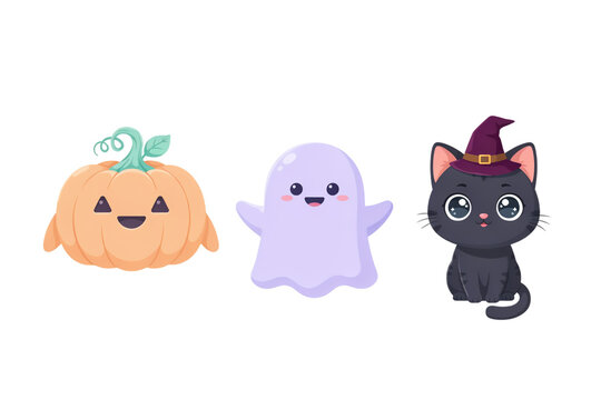 Cute Halloween cartoon characters on white background, pumpkin and friendly ghost with black cat in witch hat, clipart style for kids party design