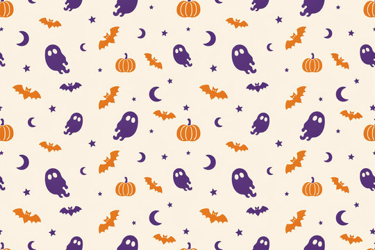 Seamless Halloween pattern with purple ghosts and orange pumpkins on white background, cute repeating textile print for wrapping paper and web design