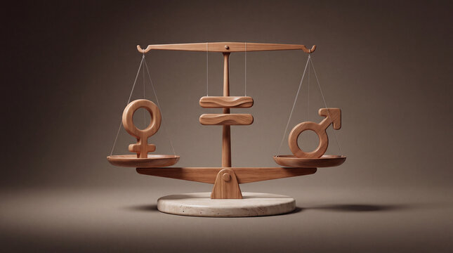 Social balance and equal rights concept with wooden human figures and equality sign.