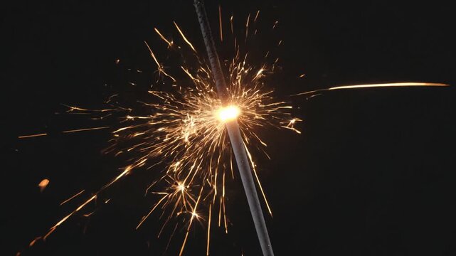 Sparkler burning down against a black background, creating glowing sparks and golden light for holidays like new year's eve, christmas, and the fourth of july celebrations