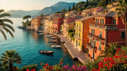 Fototapeta premium Colorful Mediterranean village with houses by blue sea. Boats dock along waterfront promenade under sunny sky. Palm trees and flowers add lush green plants.