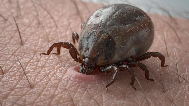 Tick embedded in skin transmitting pathogens into the bloodstream