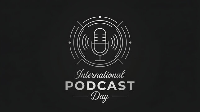 International podcast day dark themed badge with microphone illustration microphone broadcast