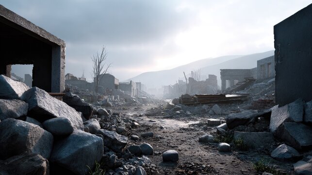 Devastation in the Aftermath: A desolate landscape of destroyed buildings and rubble under a hazy sky, a stark reminder of conflict and ruin.