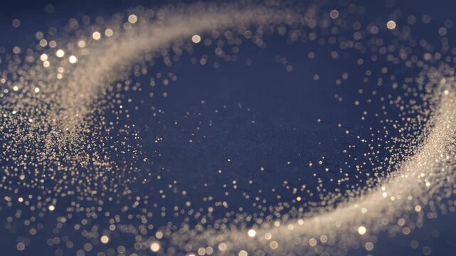 Golden glitter particles swirling in a magical vortex on a dark blue background, creating a festive and glamorous abstract bokeh effect for celebrations and awards
