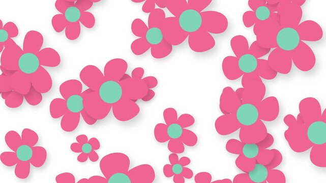Playful Pink and Teal Paper Flowers Falling on White Background