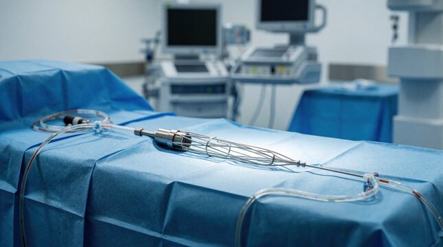 Medical stent, catheter lie on blue sterile drape in radiology suite. Endovascular equipment prepared for surgery in hospital operating room. Specialist tools for vascular procedure ready on medical