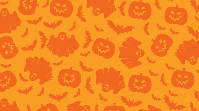 Halloween seamless pattern with orange pumpkins, ghosts and bats in a bold two-tone style, creating a festive spooky loop ideal for backgrounds, social media and digital displays.