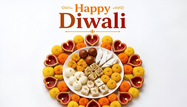 Happy Diwali Greeting Card made using sweets, or fire crackers or Diya or flowers, selective focus