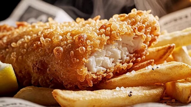 Golden fried breading covering a piece of fish fillet, served on a rustic wooden board, fresh appetizing seafood meal for gourmet cuisine shots, perfect food photography centerpiece