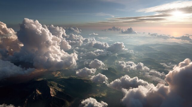 Celestial Scenery: A breathtaking aerial view of fluffy white clouds drifting over rolling hills at sunrise, casting a warm golden light on the landscape.