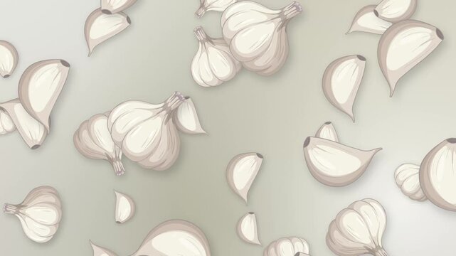 Animated Garlic Bulbs and Cloves Falling Over Neutral Mesh Background