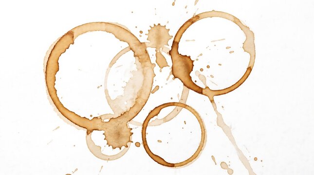 Coffee cup stains and brown liquid rings on a white paper background