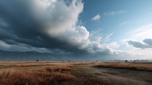 Stormy Skies Over the Savanna: Dramatic dark clouds loom over a vast, golden savanna, hinting at an approaching rainstorm and creating a powerful contrast with the clear blue sky above.