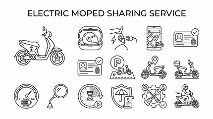 Fototapeta premium A collection of 15 linear blackandwhite icons illustrating an electric moped sharing service