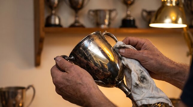 Hands polishing a vintage silver trophy cup with a cloth in a workshop setting