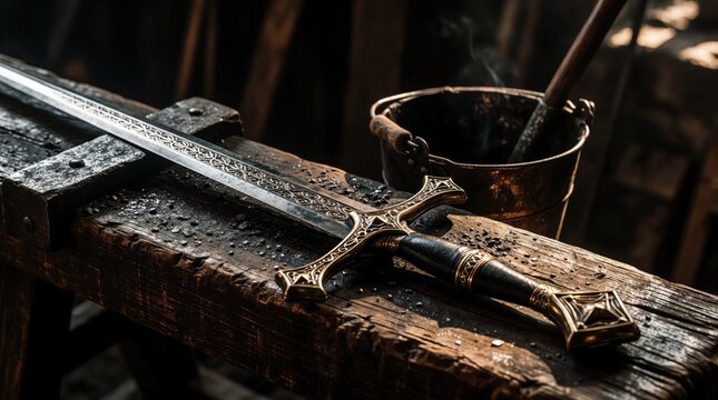 Ornate medieval sword rests on rough wood workbench. Metal blade shows intricate patterns. Smoldering bucket sits nearby in dim smithy. Authentic fantasy weapon.