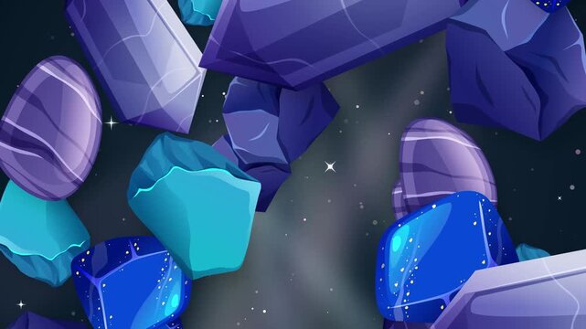 Falling Blue and Purple Crystals and Stones Over Glittering Space Background
