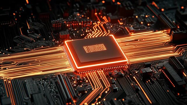 Close-up of glowing electronic chip on complex black circuit board technology