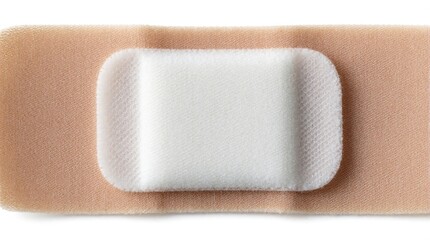 Obraz premium Close up of beige fabric adhesive bandage with white absorbent pad. Medical plaster strip isolated on white background. First aid supply for wound care, skin protection, minor injury treatment.