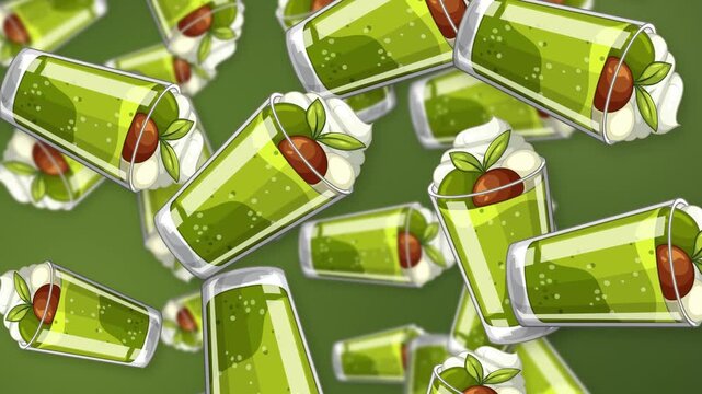 Falling Green Dessert Cups with Whipped Cream and Cherry Animation