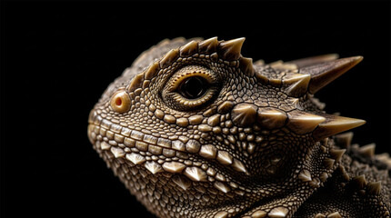 Fototapeta premium Horned lizard features sharp spiky scales on its head against a black background.