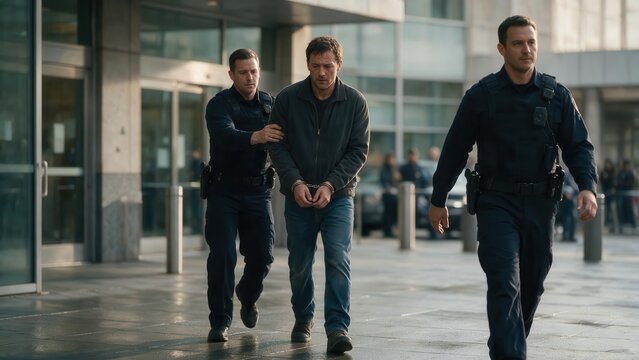 Two police officers escort a handcuffed man in a gray jacket outside a modern building with glass doors, showcasing a law enforcement scene in an urban environment