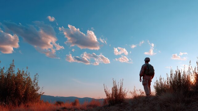 Lone Soldier's Vigil: A solitary soldier, silhouetted against a vast, cloud-dappled sky, stands on a hill at sunset, gazing into the distance.