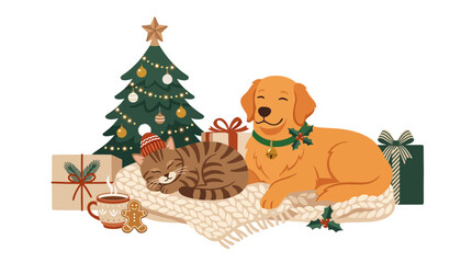 Fototapeta premium Golden retriever and cat sleeping by Christmas tree.