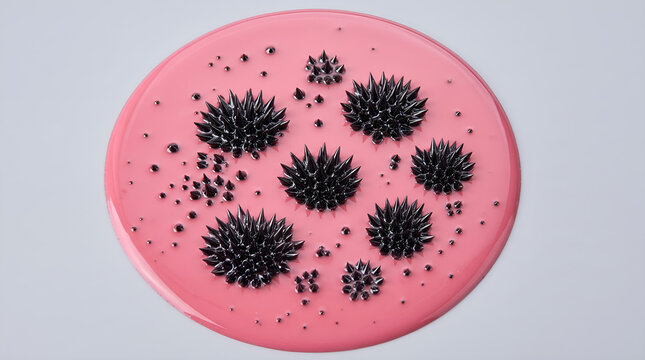 Black ferrofluid spikes emerging from a circular pink liquid puddle on a neutral background