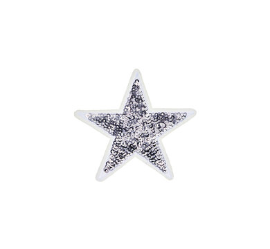 Silver sequin star patch with embroidered white border for fashion and craft