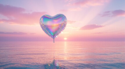 Fototapeta premium Holographic heart balloon floats over calm pastel ocean at sunset. Soft pink and purple clouds paint sky reflecting on water. Peaceful mood, love symbol.